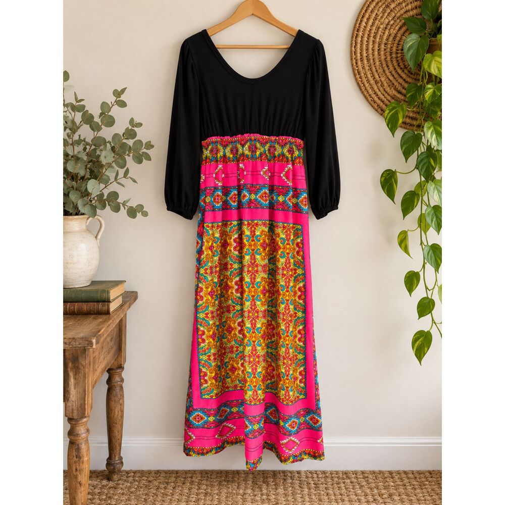 Vintage 1970s Mitchell Hostess Gown Maxi Dress Neon Geometric Skirt Size XS-S